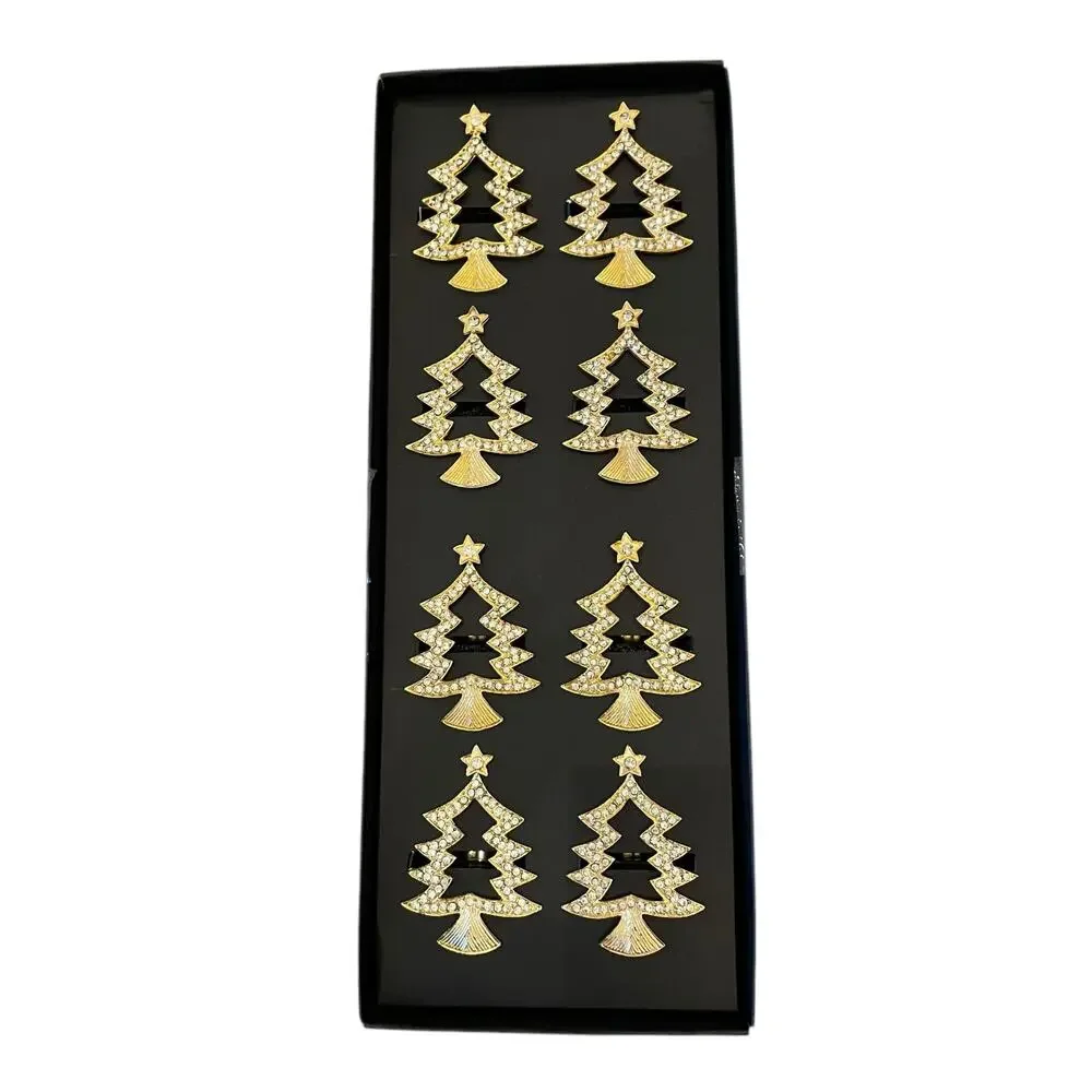 TAHARI Home Gold Rhinestone Christmas Tree Shaped Napkin Rings Set of 8 New - Picture 5 of 15